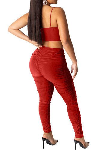 Pure Color Rufflle Hollow Out Pants Sets XQ1095