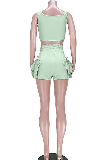 Pure Color Agaric Edge Bind Vest Shorts Sets GL6353
