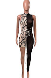 Spliced Printing Net Yarn Asymmetry Sexy Bodycon Jumpsuits NK218