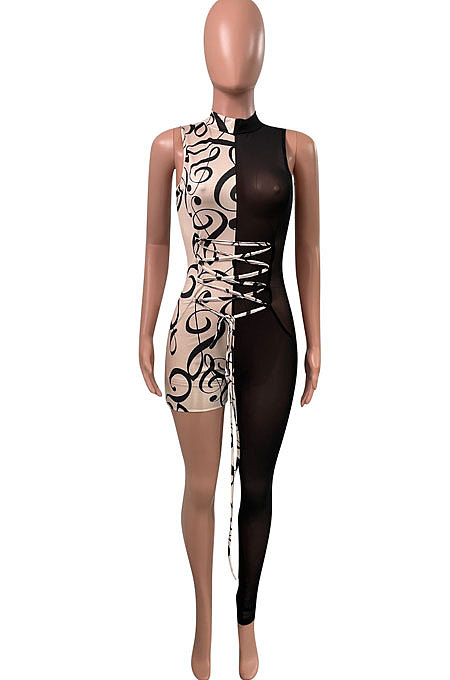 Spliced Printing Net Yarn Asymmetry Sexy Bodycon Jumpsuits NK218