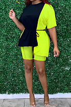 Casual Collect Waist Bind Contrast Color Joining Together Short Slevee Shorts Two-Piece L0342