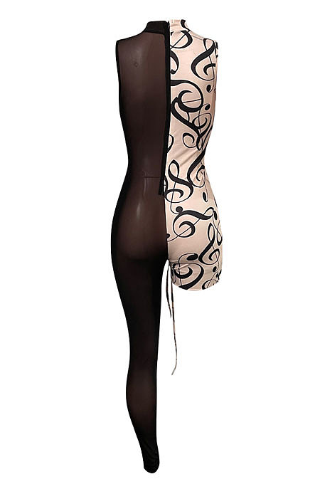 Spliced Printing Net Yarn Asymmetry Sexy Bodycon Jumpsuits NK218