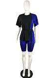 Casual Collect Waist Bind Contrast Color Joining Together Short Slevee Shorts Two-Piece L0342