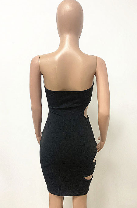 Sexy Burnt Flower Hole Chest Wrap Pure Color Mini Dress LD9104