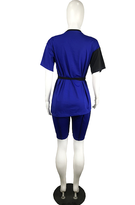 Casual Collect Waist Bind Contrast Color Joining Together Short Slevee Shorts Two-Piece L0342