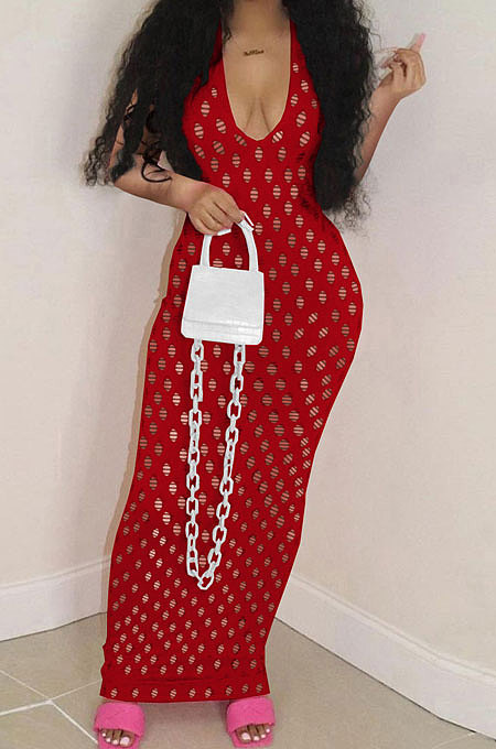 Hollow Out Perspective Net Yarn Pure Color Long Dress QQM4220