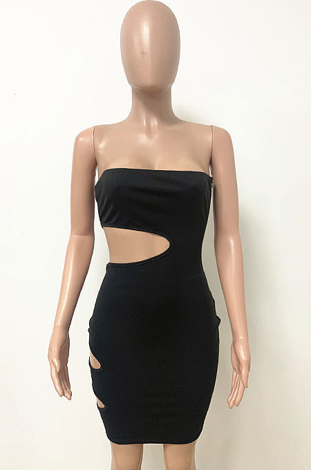 Sexy Burnt Flower Hole Chest Wrap Pure Color Mini Dress LD9104