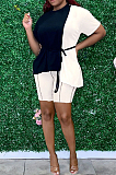 Casual Collect Waist Bind Contrast Color Joining Together Short Slevee Shorts Two-Piece L0342
