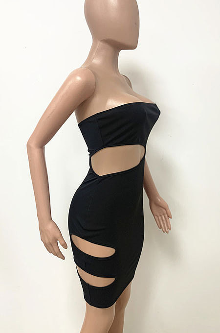 Sexy Burnt Flower Hole Chest Wrap Pure Color Mini Dress LD9104