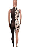Spliced Printing Net Yarn Asymmetry Sexy Bodycon Jumpsuits NK218