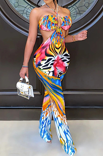 Fashion Print Chest Wrap Hang A Neck Jumpsuit SQ939