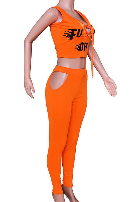 Euramerican Trendy Women Sexy Lovely Hollow Out Bind Letter Printing Pants Sets HAA9018
