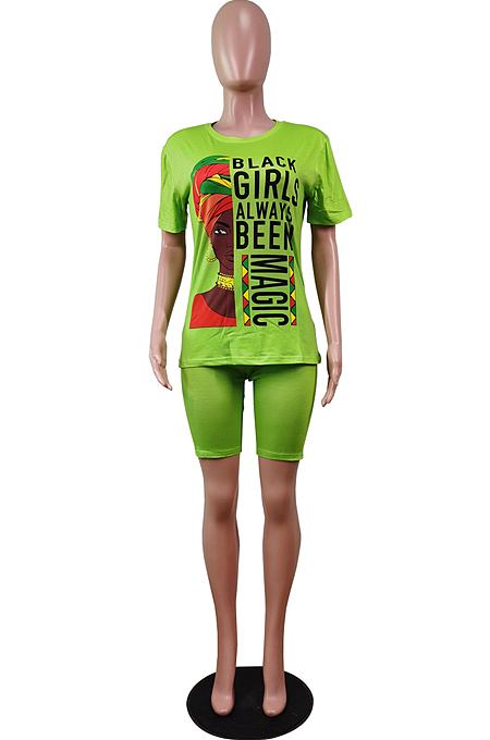 Fashion Casual Sport Print Round Neck Short Slevee Shorts Two-Piece WY6690