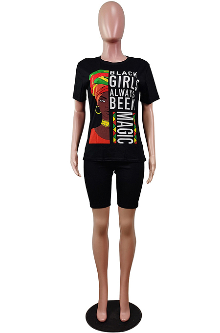 Fashion Casual Sport Print Round Neck Short Slevee Shorts Two-Piece WY6690