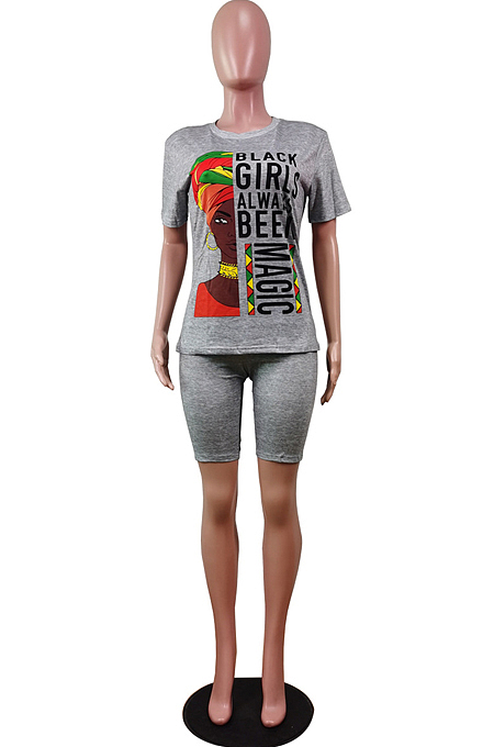 Fashion Casual Sport Print Round Neck Short Slevee Shorts Two-Piece WY6690