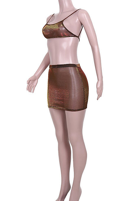 Euramerican Net Yarn Women Brown Slide Filament Perspective Two-Pieces JZH8030