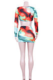 Spring Summer Women Printing Sets Milk Silk Long Sleeve Sexy Skirts Sets JZH8029