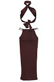 Euramerican Women Pure Color Sleeveless Sexy Sling Hollow Out Skirts Sets JZH8033