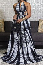 Women Drawsting Vintage Printing Long Dress JZH8036