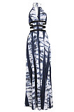 Women Drawsting Vintage Printing Long Dress JZH8036