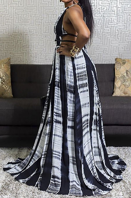 Women Drawsting Vintage Printing Long Dress JZH8036