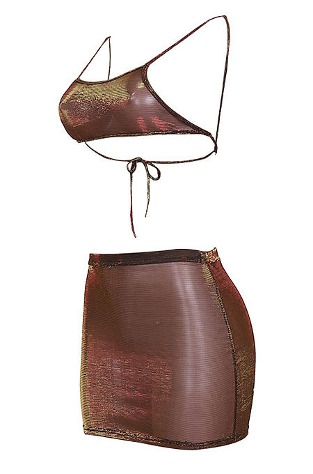 Euramerican Net Yarn Women Brown Slide Filament Perspective Two-Pieces JZH8030