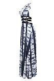 Women Drawsting Vintage Printing Long Dress JZH8036