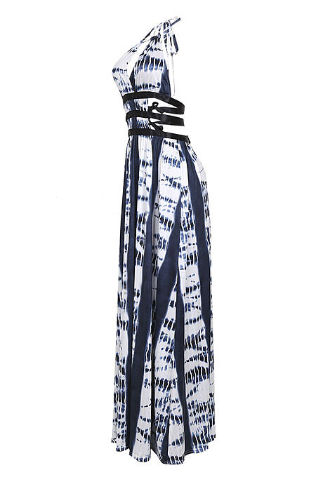 Women Drawsting Vintage Printing Long Dress JZH8036