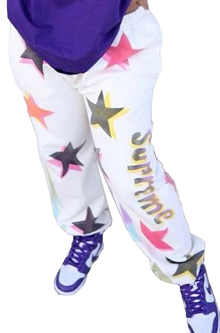 Euramerican Trendy Printing Elastic Mid Waist Loose Casual Puants TZ1179