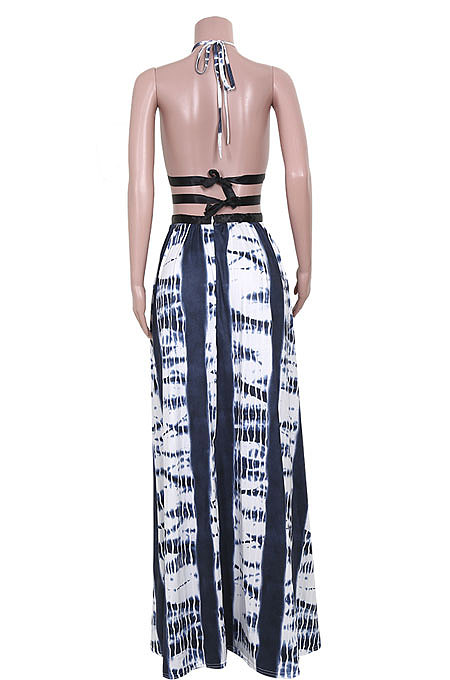 Women Drawsting Vintage Printing Long Dress JZH8036