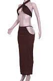 Euramerican Women Pure Color Sleeveless Sexy Sling Hollow Out Skirts Sets JZH8033