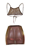 Euramerican Net Yarn Women Brown Slide Filament Perspective Two-Pieces JZH8030