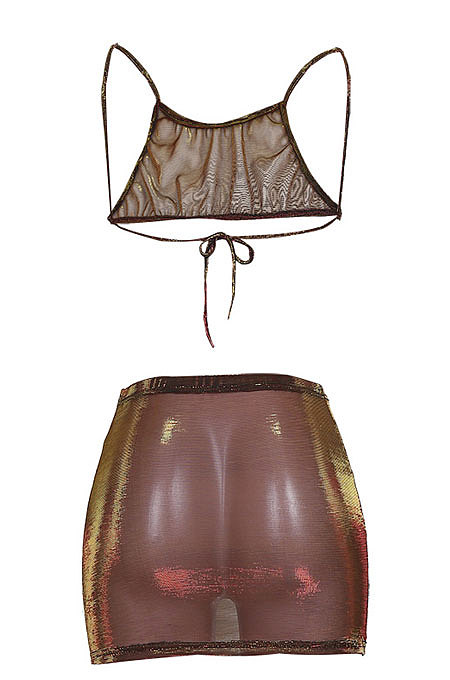 Euramerican Net Yarn Women Brown Slide Filament Perspective Two-Pieces JZH8030