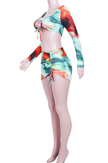 Spring Summer Women Printing Sets Milk Silk Long Sleeve Sexy Skirts Sets JZH8029