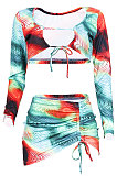 Spring Summer Women Printing Sets Milk Silk Long Sleeve Sexy Skirts Sets JZH8029