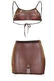 Euramerican Net Yarn Women Brown Slide Filament Perspective Two-Pieces JZH8030