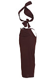 Euramerican Women Pure Color Sleeveless Sexy Sling Hollow Out Skirts Sets JZH8033