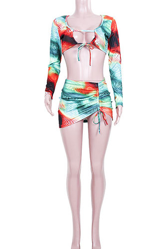 Spring Summer Women Printing Sets Milk Silk Long Sleeve Sexy Skirts Sets JZH8029