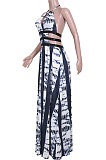 Women Drawsting Vintage Printing Long Dress JZH8036