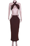 Euramerican Women Pure Color Sleeveless Sexy Sling Hollow Out Skirts Sets JZH8033