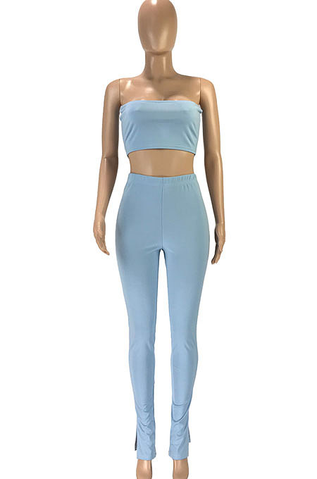 Trendy Casual Sexy Pure Color Bandeau Bra Trouser Leg Side Open Fork Cultivate One's Morality  Pants Sets SM9155