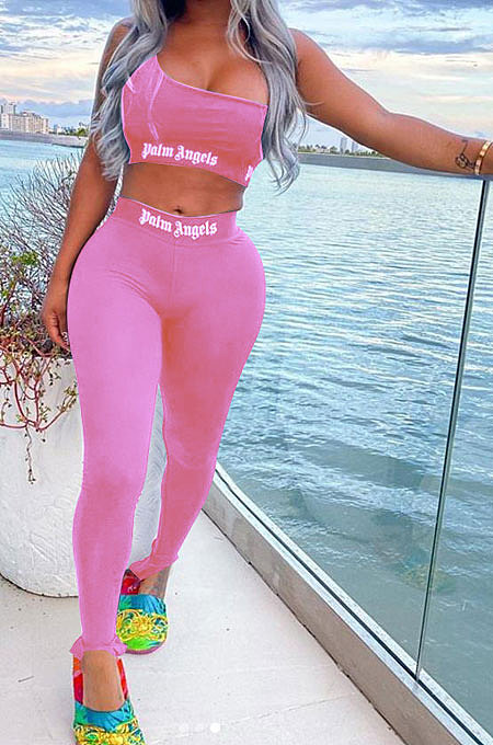 Pure Color Trendy Letter Printing Tight Sport Pants Sets MF6608