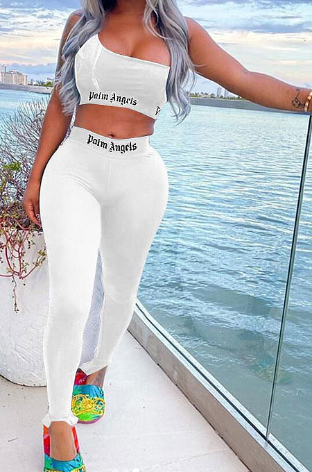 Pure Color Trendy Letter Printing Tight Sport Pants Sets MF6608