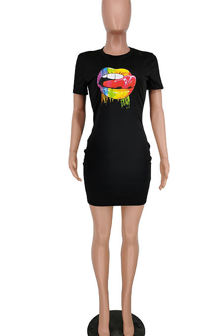 Trendy Casual Offset Printing Mouth Graphic Mini Dress PU6056