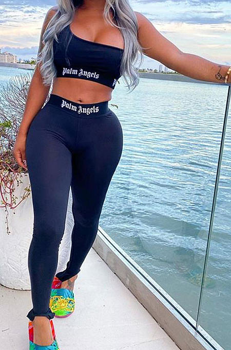 Pure Color Trendy Letter Printing Tight Sport Pants Sets MF6608