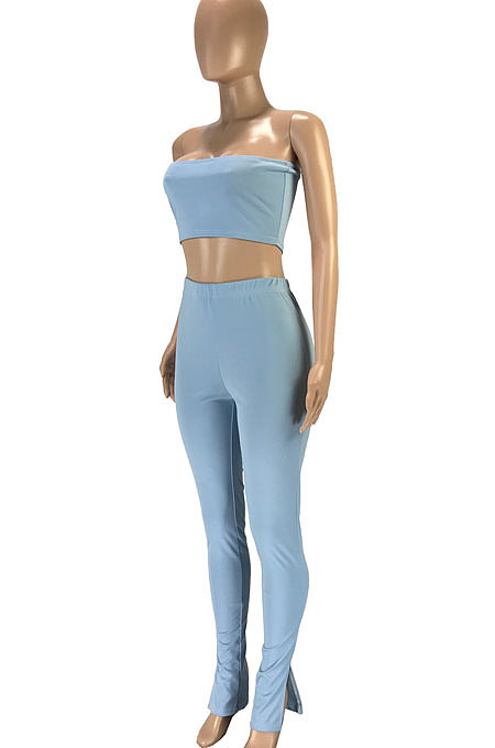 Trendy Casual Sexy Pure Color Bandeau Bra Trouser Leg Side Open Fork Cultivate One's Morality  Pants Sets SM9155