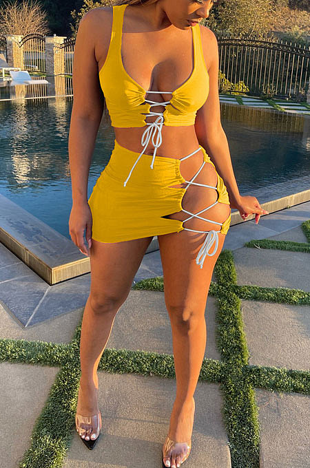 Summer Sexy Sandy Beach Sleeveless Short Skirt Knotted Strap Skirts Sets YYF8164