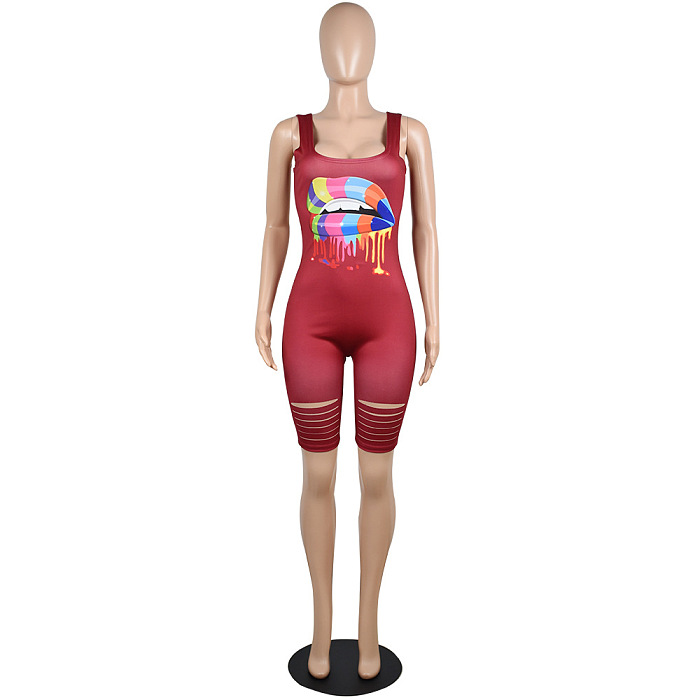 Front Logo Print Tank Romper Jumpusit