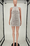 Fashion Women Ruffle Pure Color Sleeveless Mini Dress NL6050