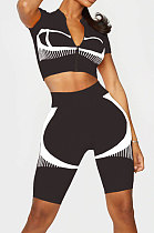 Fashion Casual Positioning Printing Zipper Dew Waist Cultivate One's Morality Short Sleeve Sport Shorts Sets SM9153